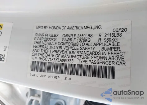 2020 Honda Accord Sport из США, поврежденный, VIN 1HGCV1F3XLA094863